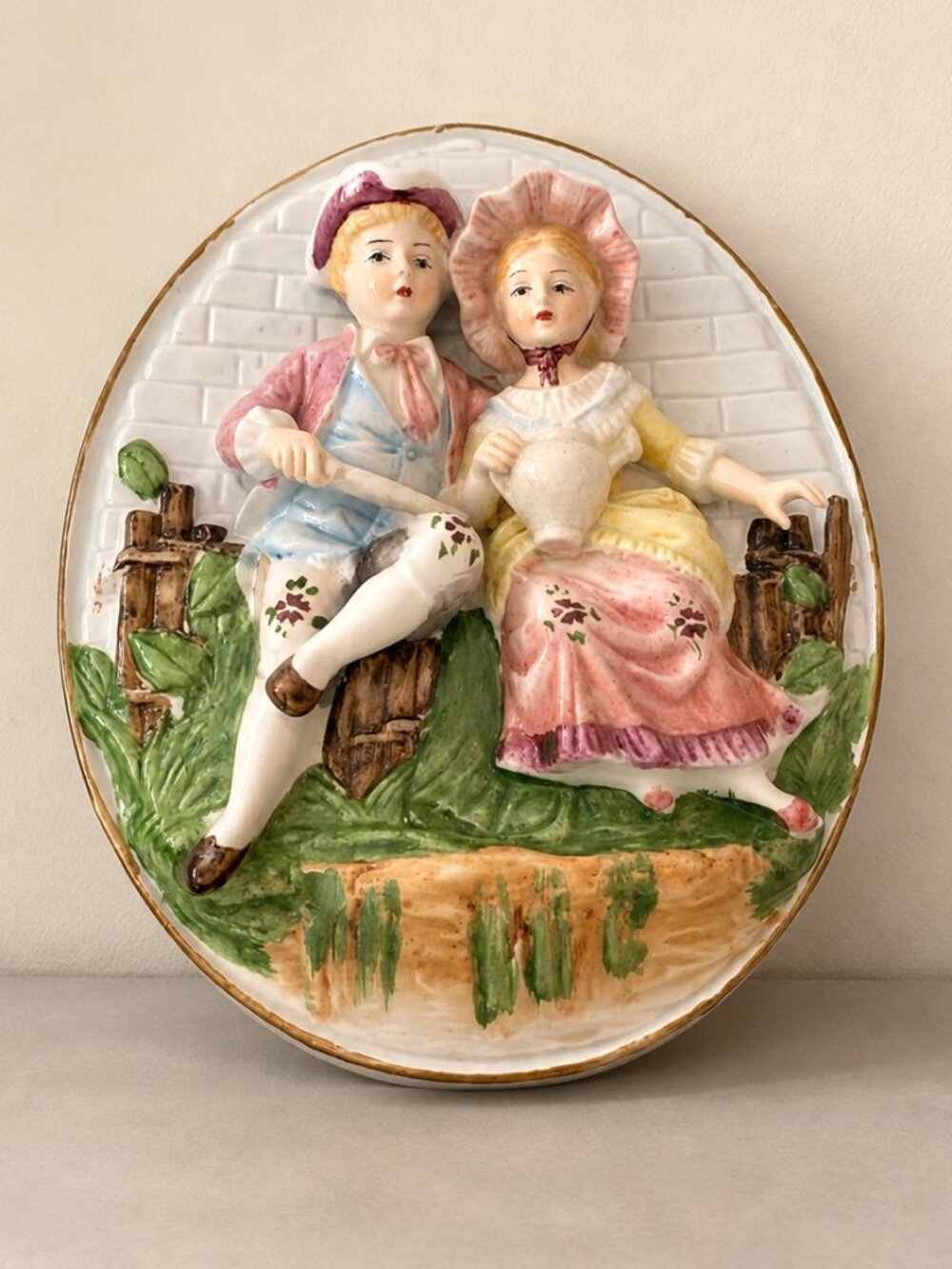 Vintage Made in Japan 3D Porcelain Victorian Couple Wall Plaque 7"